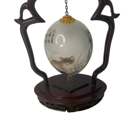 Chinese painted glass egg redwood stand cat butterfly reverse paint 7.5" - Picture 13 of 16